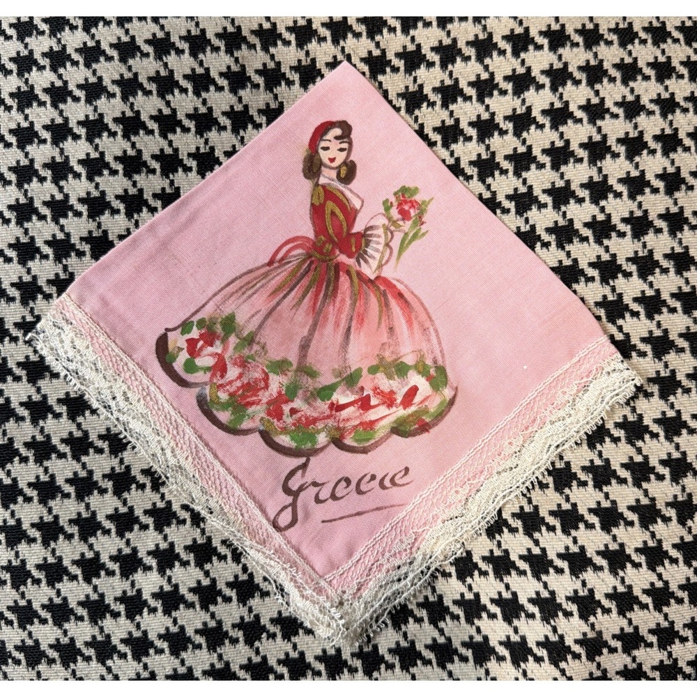 VTG Handpainted Pink Handkerchief Beautiful Lady Souvenir Greece Hankie 1940/50s